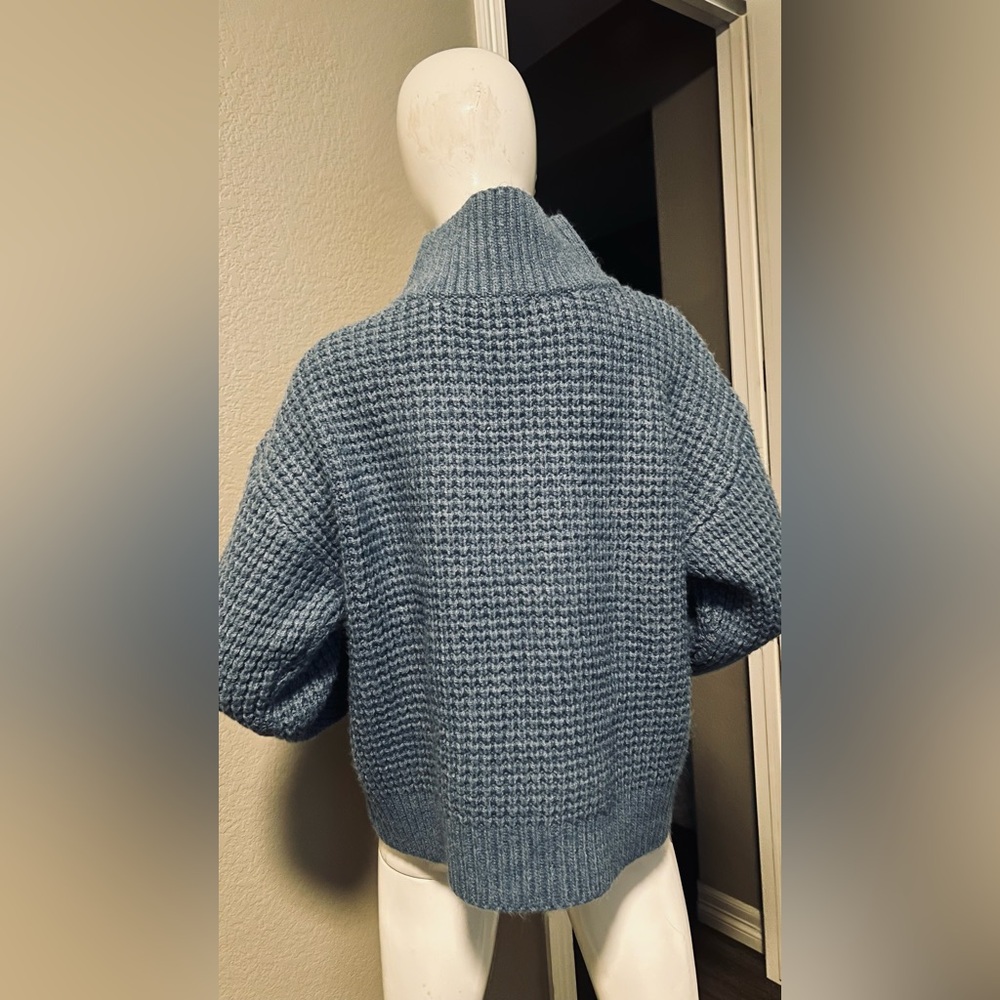 Ann Taylor Weekend Dusty Blue Mock Neck Button-Shoulder Sweater size L - Picture 5 of 11